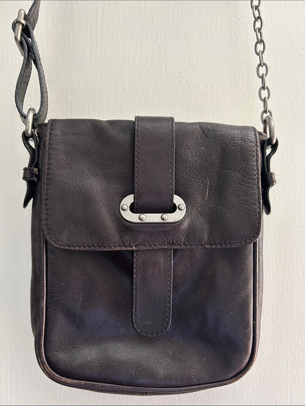 Tarnish Dark Brown Leather Crossbody Bag with Chain Strap